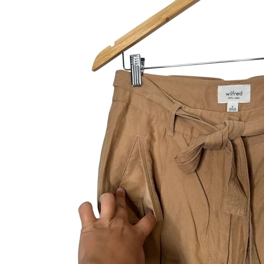 Aritzia Wilfred With Linen Wide Leg Belted Trouser Pants Camel Tan Women’s Sz 8